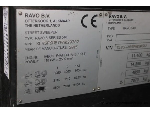 Straatveegmachine ravo 540, bj 2015, chassisnummer xl95f6hb7fa020382, veeguren 3726, inschrijvingsbewijs i+ii, gelijkvomigheidsattest - afbeelding 4 van  18