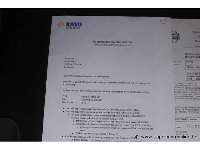 Straatveegmachine ravo 540, bj 2015, chassisnummer xl95f6hb7fa020382, veeguren 3726, inschrijvingsbewijs i+ii, gelijkvomigheidsattest - afbeelding 8 van  18