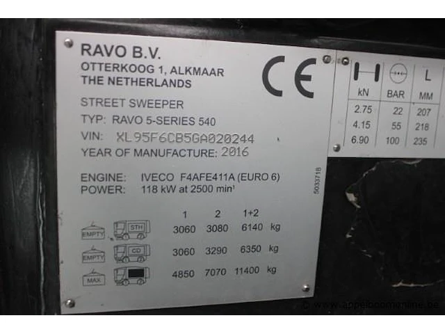 Straatveegmachine ravo 540, datum 1ste inschrijving 18/8/2016, chassisnummer xl95f6cb5ga020244, veeguren 2862, inschrijvingsbewijs i+ii, gelijkvormigheidsattest, zichtbare schade wo carroserie - afbeelding 2 van  15