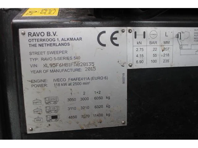 Straatveegmachine ravo 540, datum 1ste inschrijving 22/5/2015, chassisnummer xl95f6hb1fa020135, veeguren 4486, gelijkvormigheidsattest i+ii, gelijkvormigheidsattest, zichtbare schade wo carroserie - afbeelding 2 van  15