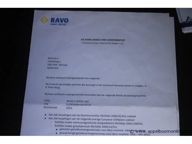 Straatveegmachine ravo 540, datum 1ste inschrijving 22/5/2015, chassisnummer xl95f6hb1fa020135, veeguren 4486, gelijkvormigheidsattest i+ii, gelijkvormigheidsattest, zichtbare schade wo carroserie - afbeelding 6 van  15