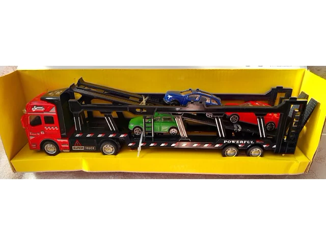 Super cars die cast auto transporter + 3 auto's rood - afbeelding 1 van  5