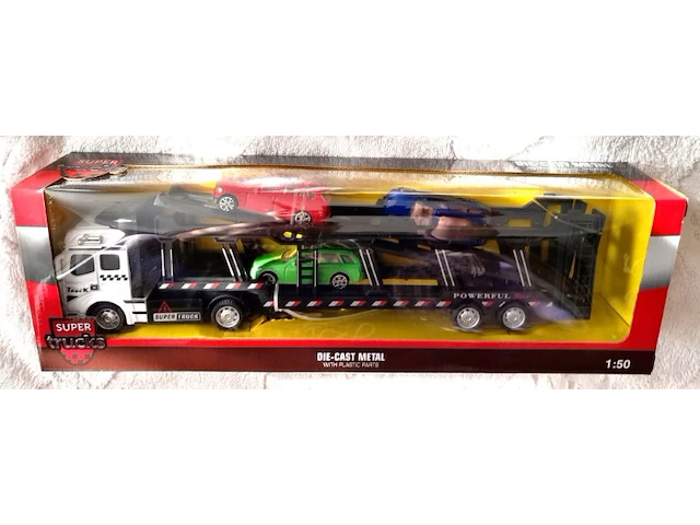 Super cars die cast auto transporter + 3 auto's wit - afbeelding 1 van  5