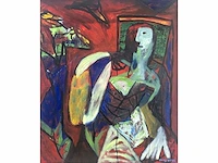 Surajiya - woman sitting - gemengde techniek op doek - afbeelding 1 van  9