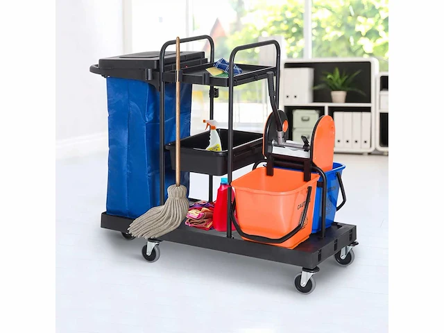 Systemwagen schoonmaakwagen met 4 zwenkwielen zwart+blauw+oranje 111 × 63,3 × 103 cm - afbeelding 1 van  6