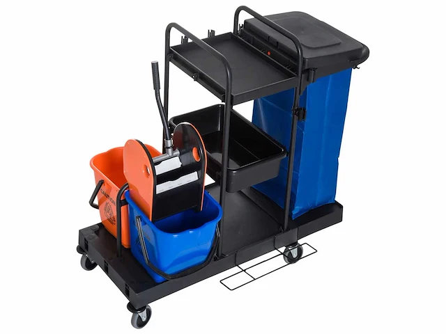 Systemwagen schoonmaakwagen met 4 zwenkwielen zwart+blauw+oranje 111 × 63,3 × 103 cm - afbeelding 2 van  6