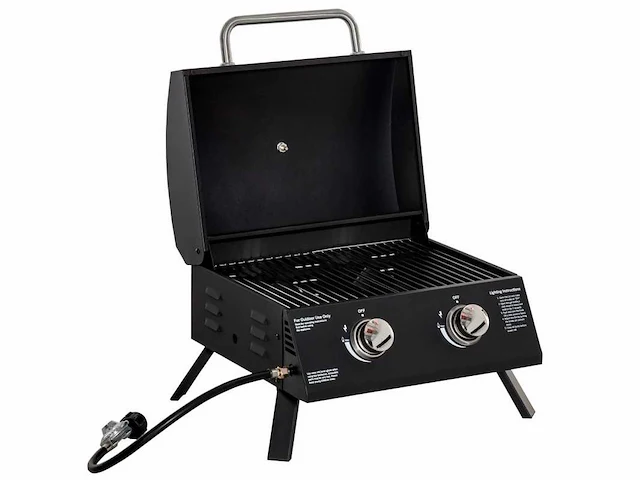 Tafel barbecue gas bbq met 2 branders mobiele grill kleine outdoor bbq grill kampeertafel met regelaar rvs slang zwart 55 x 46,5 x 41 cm - afbeelding 2 van  6