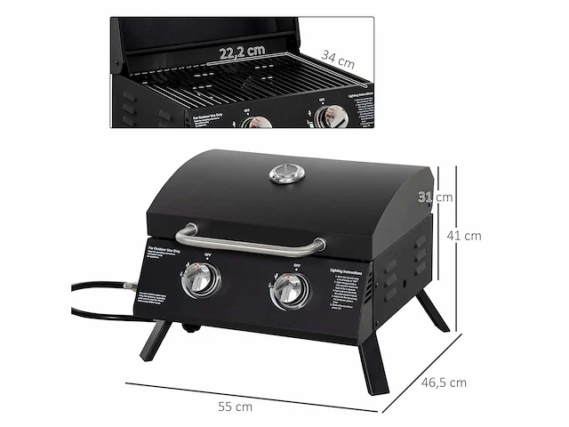 Tafel barbecue gas bbq met 2 branders mobiele grill kleine outdoor bbq grill kampeertafel met regelaar rvs slang zwart 55 x 46,5 x 41 cm - afbeelding 3 van  6