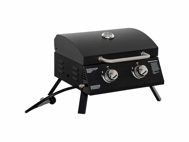 Tafel barbecue gas bbq met 2 branders mobiele grill kleine outdoor bbq grill kampeertafel met regelaar rvs slang zwart 55 x 46,5 x 41 cm - afbeelding 6 van  6