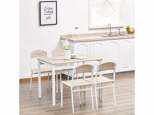 Tafel en 4 stoelen in metaal en mdf, wit en hout - afbeelding 1 van  9