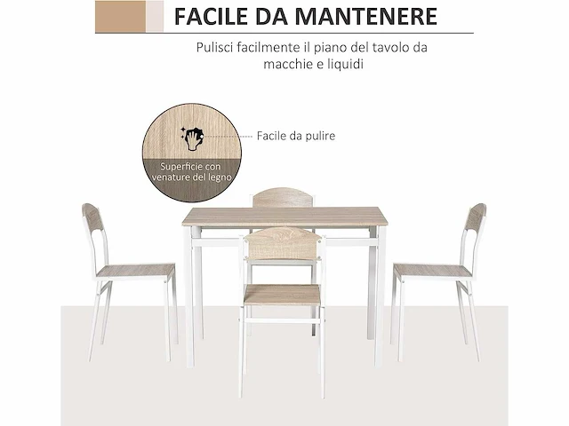 Tafel en 4 stoelen in metaal en mdf, wit en hout - afbeelding 6 van  9