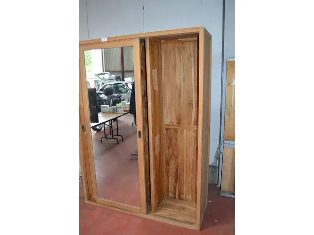 Teak kast met 2 spiegelschuifdeuren afm. 210x158x50cm - afbeelding 4 van  6