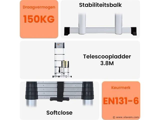 Telescoopladder 3,80m zilver - afbeelding 6 van  8