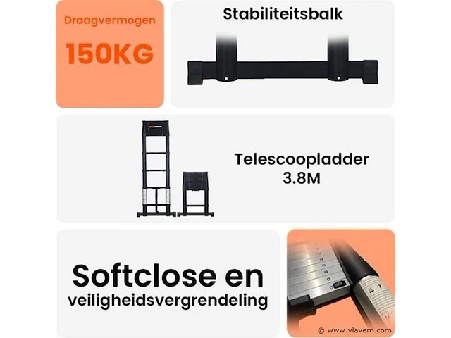 Telescoopladder 3,80m zwart - afbeelding 2 van  8