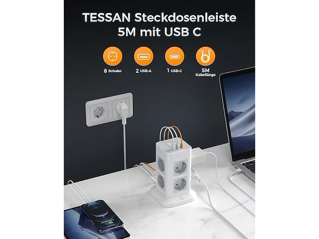 Tessan 5m verlengkabel, meervoudige contactdoos - afbeelding 2 van  3