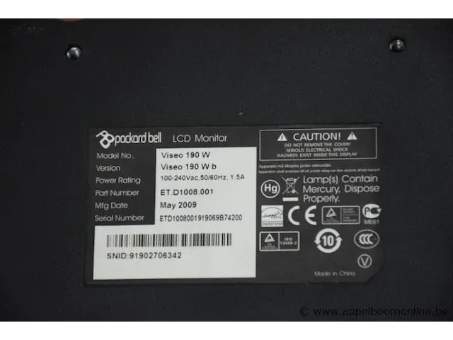 Tft scherm packard bell, type viseo 190w, werking niet gekend - afbeelding 2 van  2