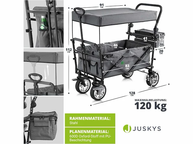 Transportwagen met dak en tas - capaciteit 120 kg - afbeelding 6 van  6