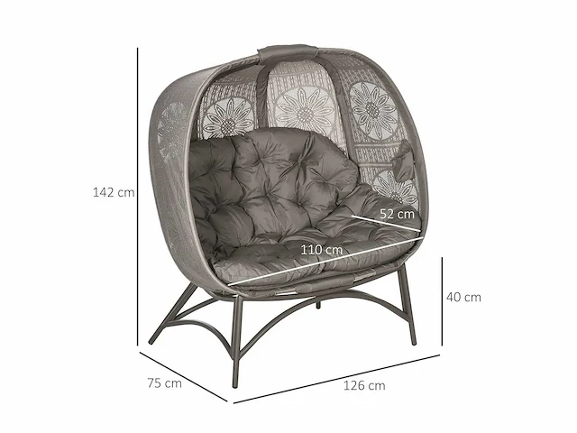 Tuinfauteuil voor 2 personen, opklapbaar, groot zitkussen, stalen frame, 126 x 75 x 142 cm - afbeelding 3 van  6