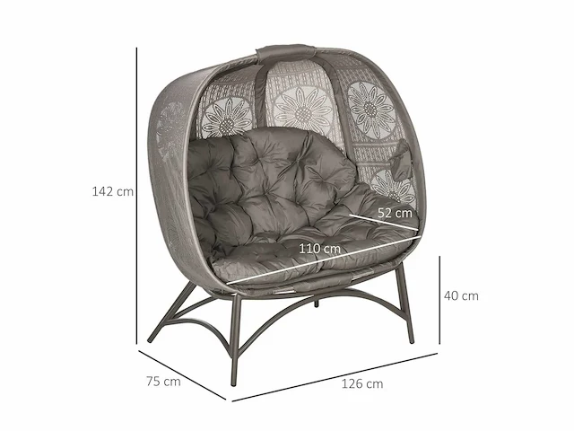 Tuinfauteuil voor 2 personen, opklapbaar, groot zitkussen, stalen frame, 126 x 75 x 142 cm - afbeelding 5 van  9