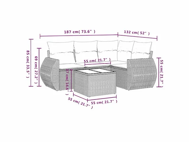 Tuinmeubelen 5 stuks met kussens zwart geweven hars - afbeelding 3 van  7
