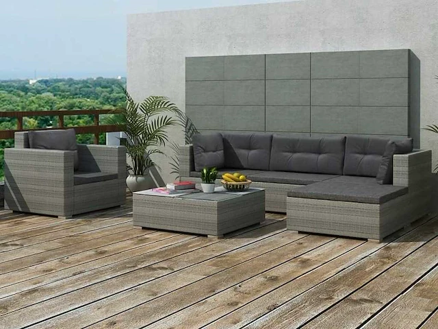 Tuinmeubelen 6 stuks met grijze geweven hars kussens - afbeelding 1 van  9