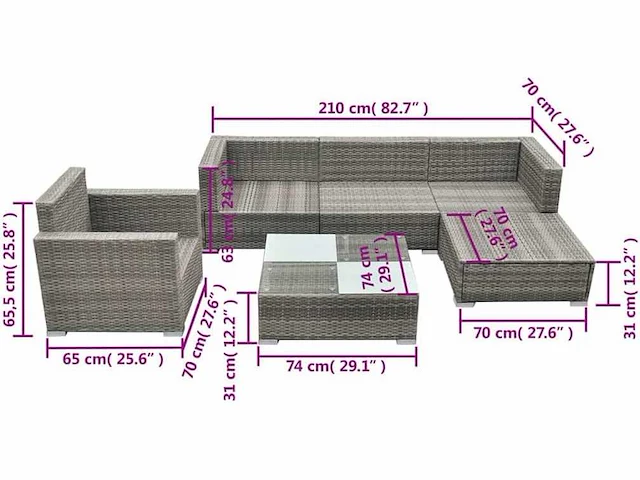 Tuinmeubelen 6 stuks met grijze geweven hars kussens - afbeelding 9 van  9