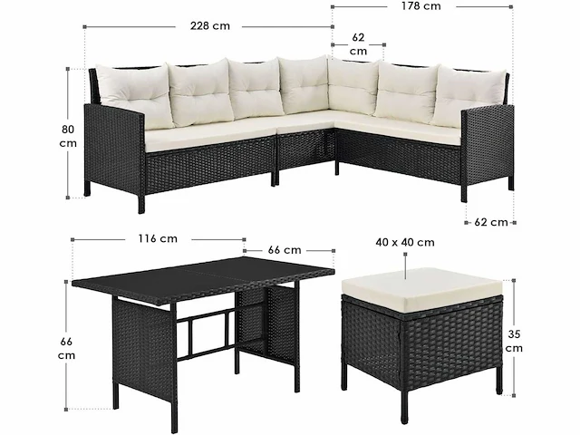 Tuinmeubelen met bank, tafel, 2 krukken en kussens - afbeelding 4 van  5