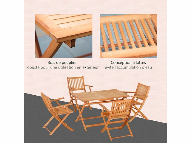 Tuinset 1 tafel en 4 klapstoelen 5-delig populierenhout tuinmeubelen voor 4 personen - armleuningen - afm. 120l x 70b x 72h cm - afbeelding 5 van  9