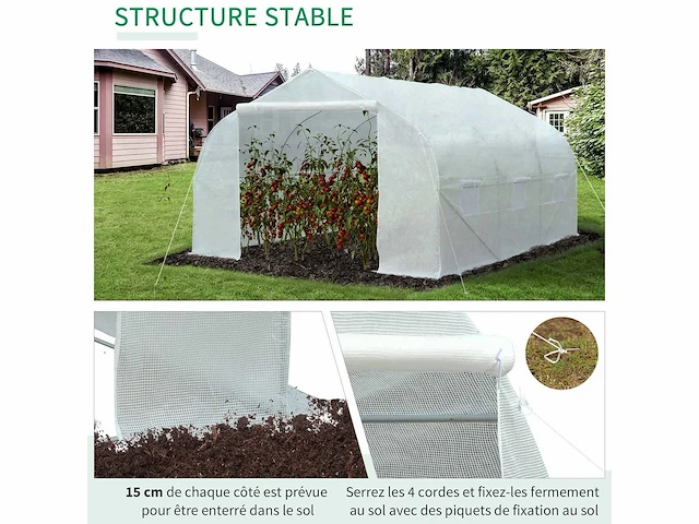 Tuintunnel kas 13,31 m² zon. 4.5l x 3w x 2h m deur + 6 oprolbare ramen gegalvaniseerd stalen pe-zeildoek hoog - dichtheid wit - afbeelding 3 van  9