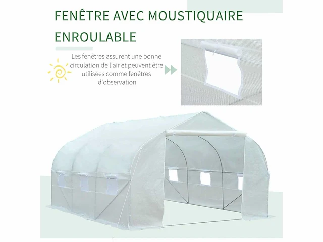 Tuintunnel kas 13,31 m² zon. 4.5l x 3w x 2h m deur + 6 oprolbare ramen gegalvaniseerd stalen pe-zeildoek hoog - dichtheid wit - afbeelding 4 van  9