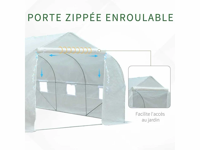 Tuintunnel kas 13,31 m² zon. 4.5l x 3w x 2h m deur + 6 oprolbare ramen gegalvaniseerd stalen pe-zeildoek hoog - dichtheid wit - afbeelding 5 van  9