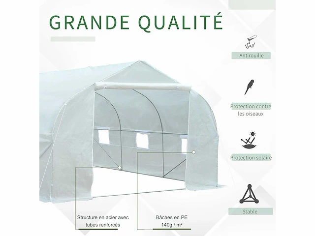 Tuintunnel kas 13,31 m² zon. 4.5l x 3w x 2h m deur + 6 oprolbare ramen gegalvaniseerd stalen pe-zeildoek hoog - dichtheid wit - afbeelding 6 van  9