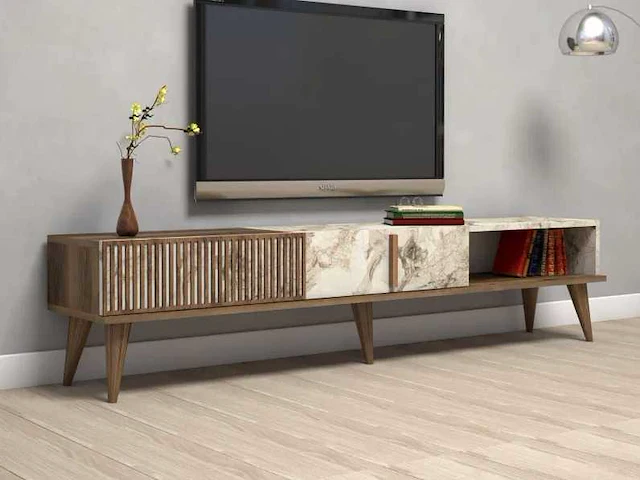 Tv-meubel - melamine - walnoot en wit marmer - afbeelding 1 van  7