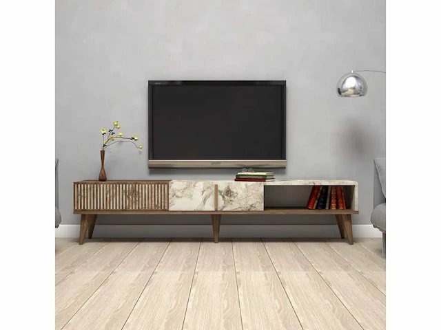 Tv-meubel - melamine - walnoot en wit marmer - afbeelding 3 van  7