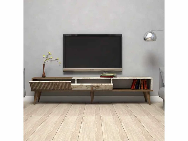 Tv-meubel - melamine - walnoot en wit marmer - afbeelding 4 van  7