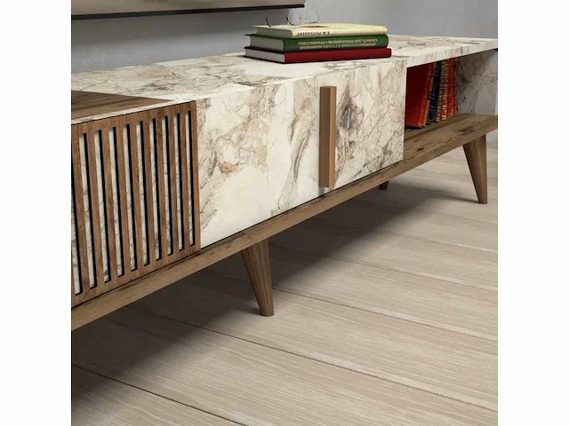 Tv-meubel - melamine - walnoot en wit marmer - afbeelding 5 van  7