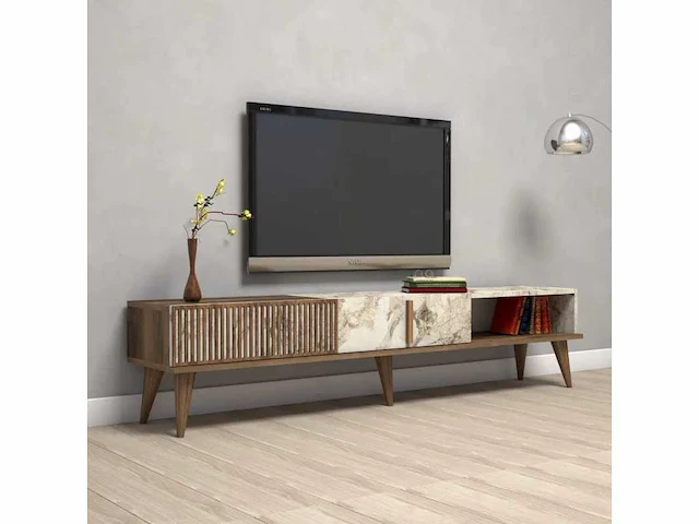 Tv-meubel - melamine - walnoot en wit marmer - afbeelding 6 van  7