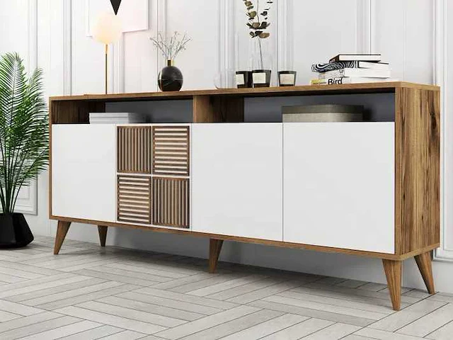 Tv-meubel 180 cm - walnoot en wit - afbeelding 1 van  6