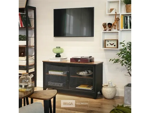 Tv meubel met 2 deuren - gaasdeuren - bruin/zwart - 100x35x55,5 - afbeelding 2 van  3