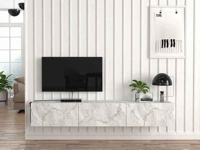 Tv-meubel met 3 deuren - wit marmereffect - afbeelding 1 van  7