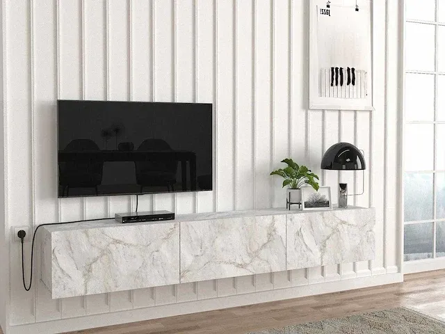 Tv-meubel met 3 deuren - wit marmereffect - afbeelding 2 van  7