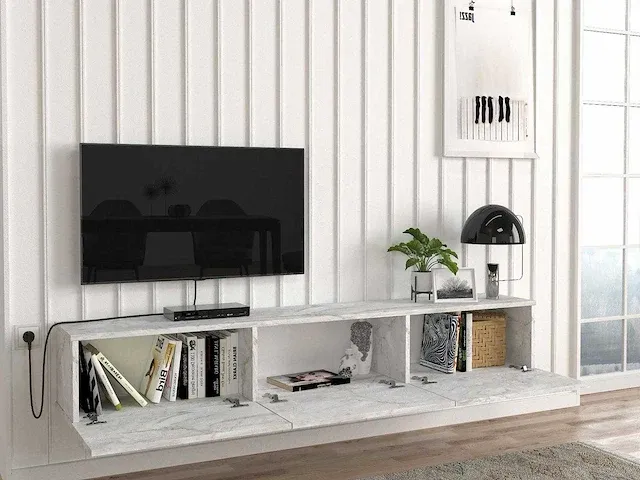 Tv-meubel met 3 deuren - wit marmereffect - afbeelding 3 van  7