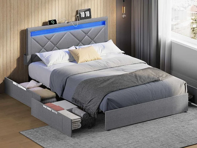 Tweepersoonsbed -140 x 190 cm - led - metaal - afbeelding 1 van  8