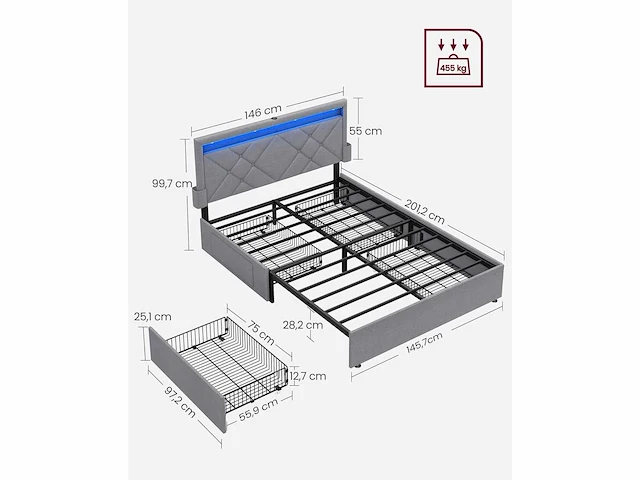 Tweepersoonsbed -140 x 190 cm - led - metaal - afbeelding 3 van  8