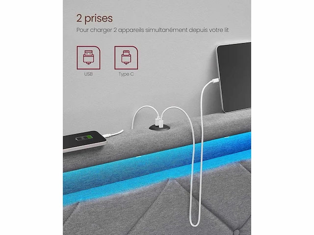 Tweepersoonsbed -140 x 190 cm - led - metaal - afbeelding 6 van  8