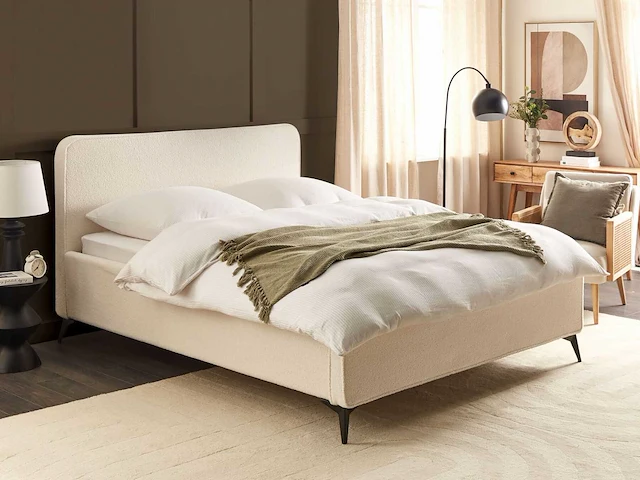 Tweepersoonsbed 160 x 200 cm in roomwit bouclé - afbeelding 1 van  10