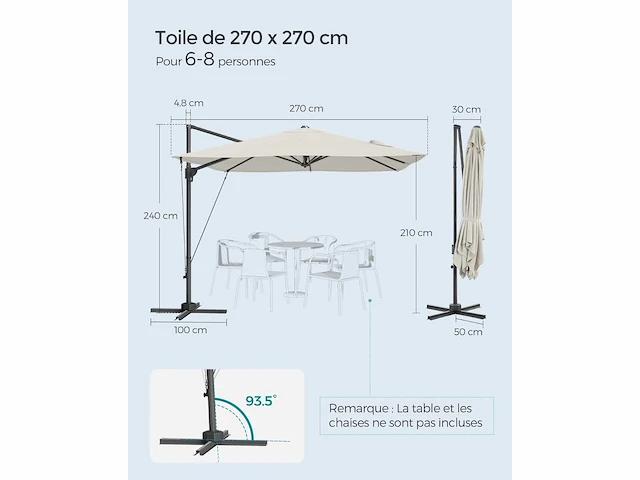 Uitkragende tuinparasol 270 x 270 cm, upf 50+ parasol voor buiten - afbeelding 4 van  4