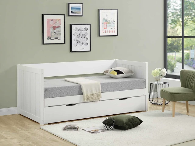 Uitschuifbaar bed met zitbank 90 x 190 of 174 x 190 cm - met kam, bedbodem en lade - grenen en mdf - wit - afbeelding 1 van  7