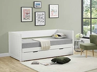 Uitschuifbaar bed met zitbank 90 x 190 of 174 x 190 cm - met kam, bedbodem en lade - grenen en mdf - wit - afbeelding 1 van  7