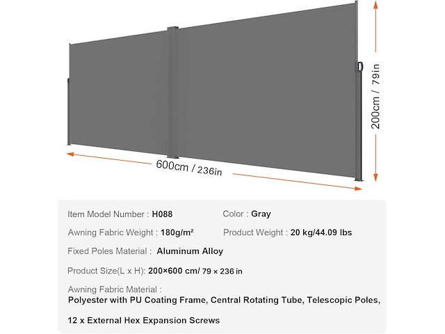 Uitschuifbare zijluifel – buitenscherm – 200 x 590 cm - afbeelding 7 van  8